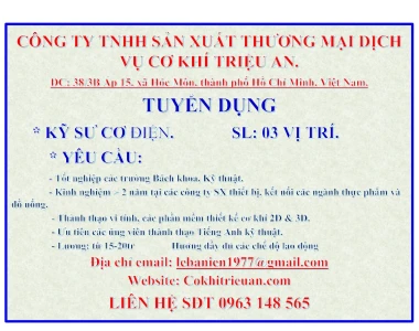 Tuyển Dụng Kỹ Sư Cơ Điện