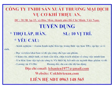 Tuyển Dụng Thợ Lắp – Hàn TIG